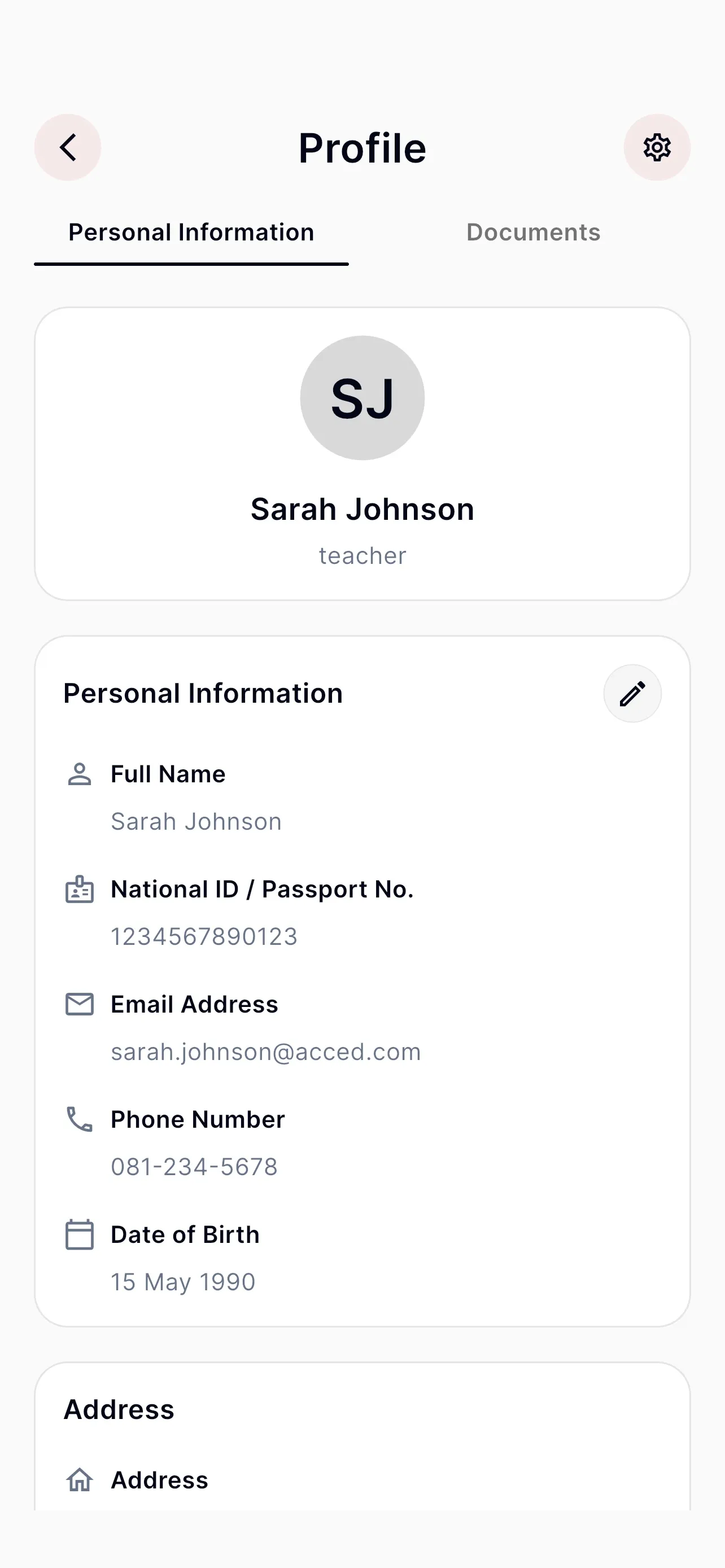 Profile screen